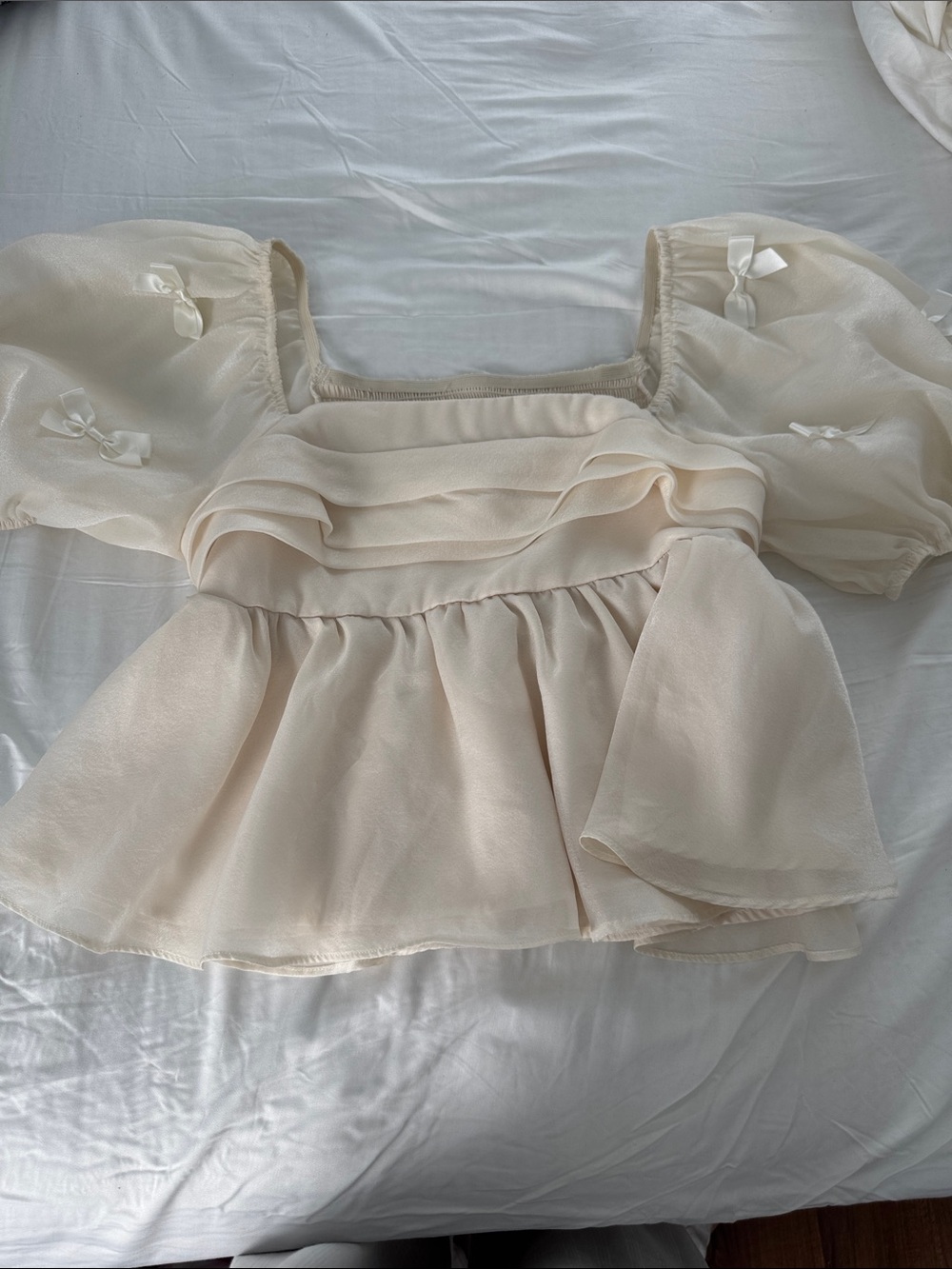 SHEIN Cream Peplum Puff-Sleeve Blouse with Bow Accents